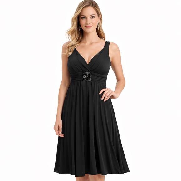 Enfocus Studio Dresses & Skirts - Enfocus Studio Black V-Neck Midi Dress with Embellished Waist